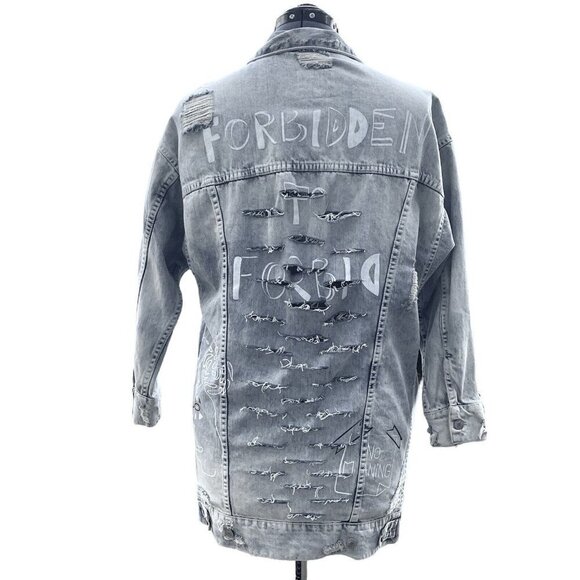 ZARA TRAFALUC DENIM Destroyed Graffiti Long Jean Jacket Women Small 90s Grunge - Picture 4 of 16
